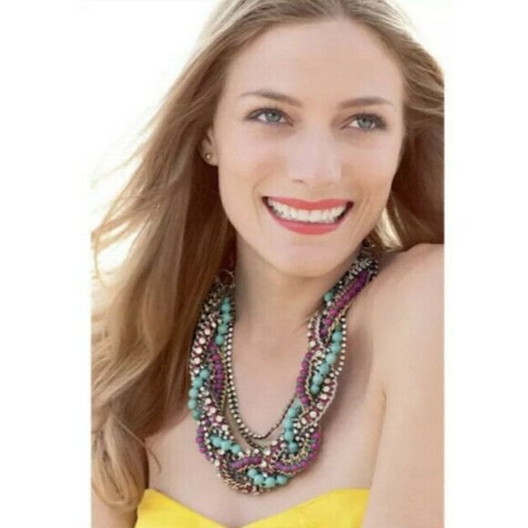 Stella & Dot Bamboleo Bohemian Statement Necklace Pink Turquoise - Picture 1 of 11